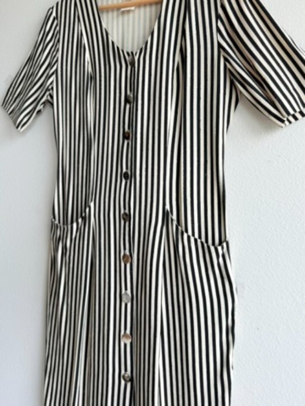 90s Striped Midi Dress Button Up Small Black Cream Whimsigoth